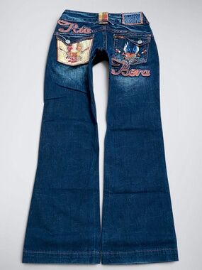 VTG Riobera Japanese Denim Ultra Low Rise Flare Jeans | Winged Heart Patchwork